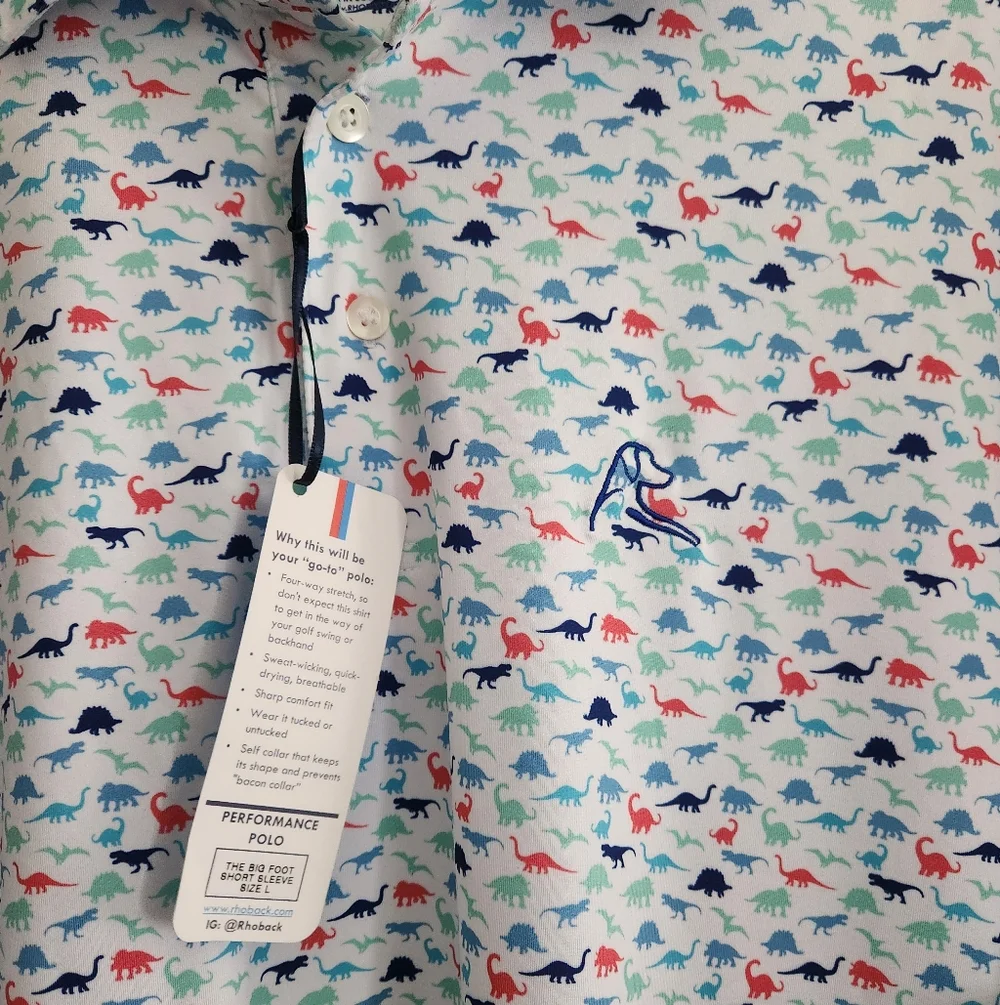 Rhoback Polo Size Large Golf Shirt Dinosaur Print The Big Foot Short Sleeve Mens - Picture 2 of 4
